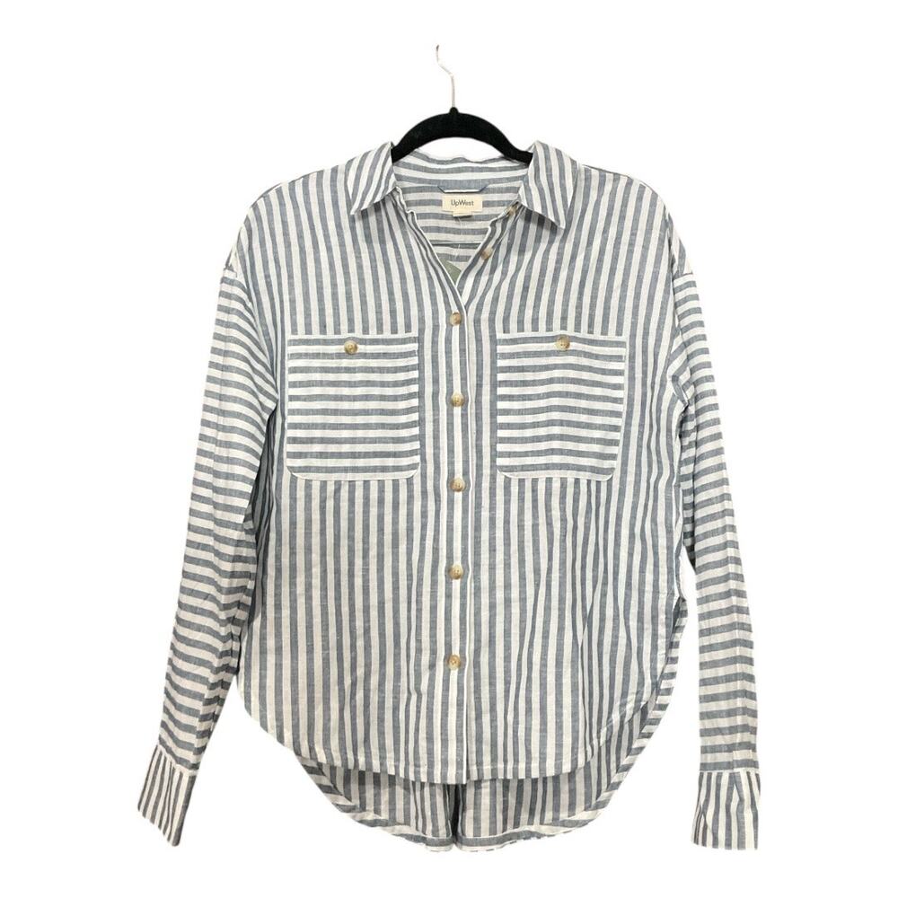 UpWest Striped Button-Up Blouse in White and Blue